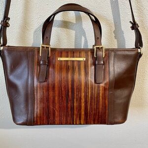 Vtg Brahmin Brown Leather Textured Satchel Shoulder Bag Striped Lining Gold Tone